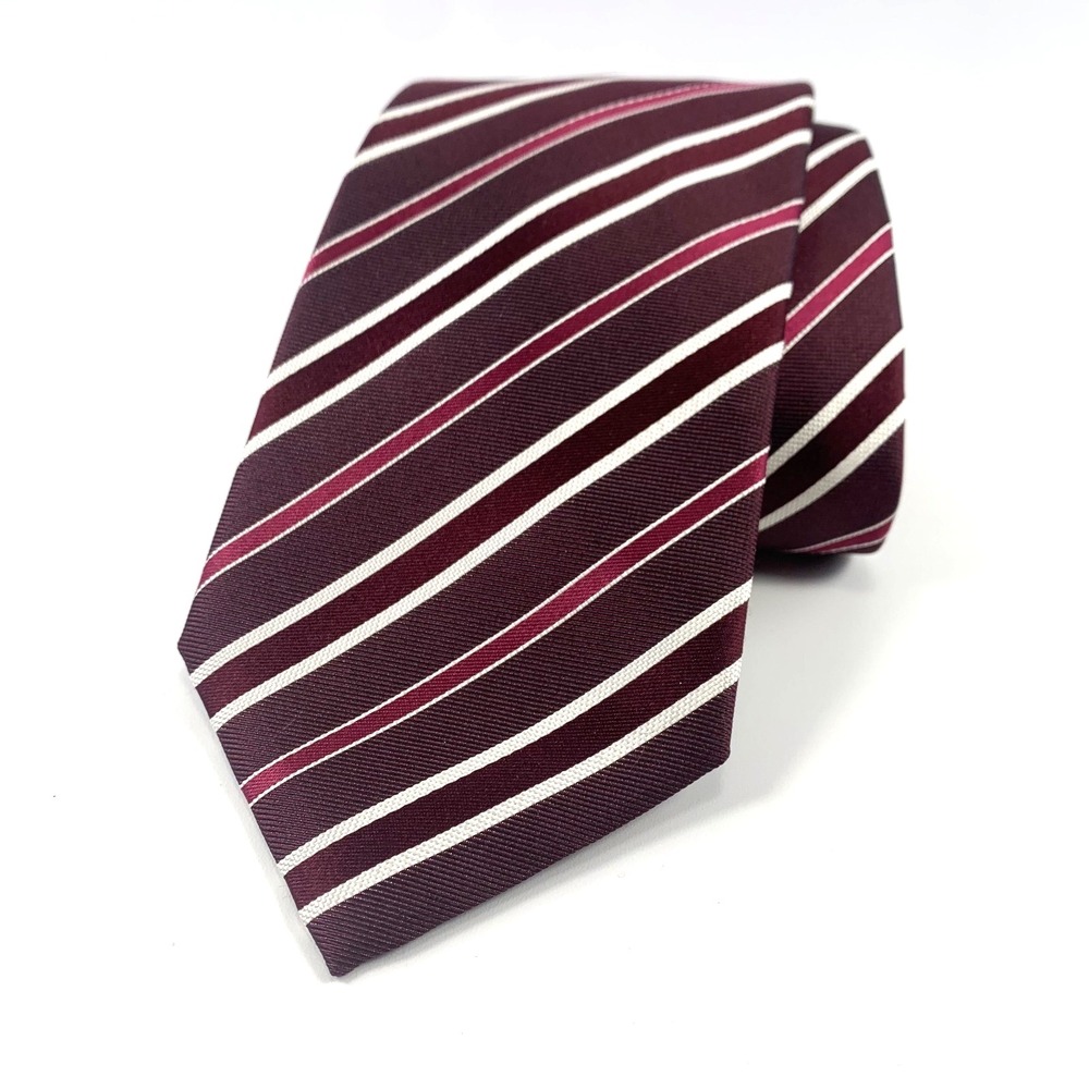HUGO BOSS Mens Tie Dark Burgundy w/ White & Crimson Diagonal Stripes Silk Repp‎